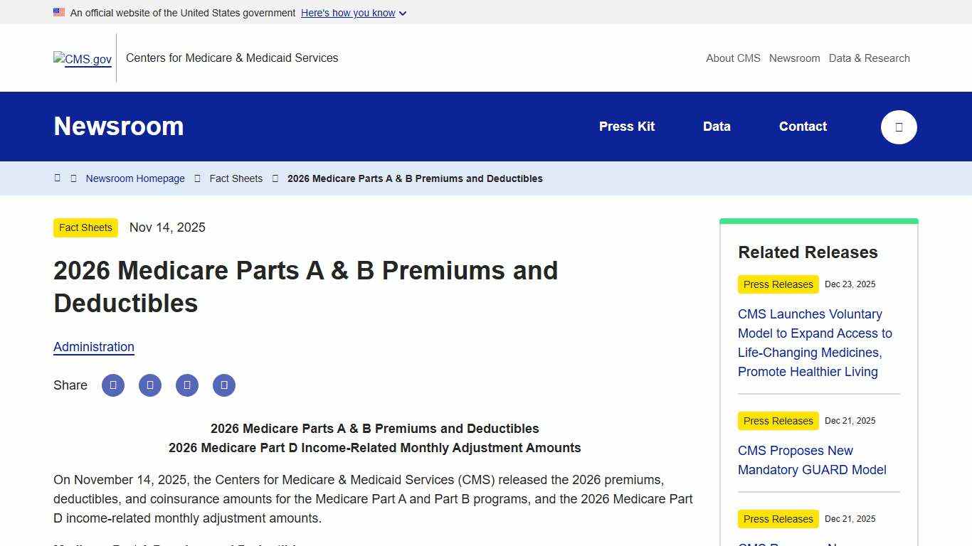 2026 Medicare Parts A & B Premiums and Deductibles CMS